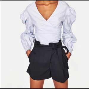 Zara Black Pleated Side Tie Shorts
